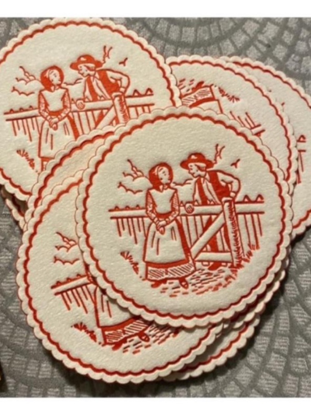 Vintage Style Round Coasters with Red Illustration (Set)